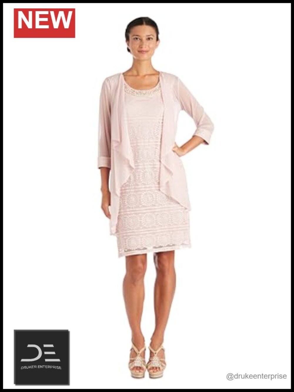 Two Piece Lace Dress Set with Removable Jacket Sleeveless Scoop Neck